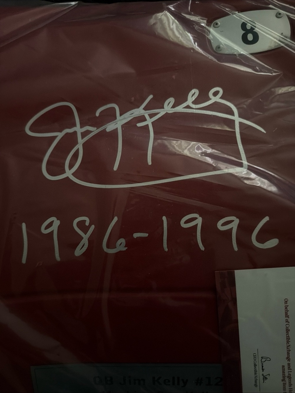 Burgundy Highmark stadium seat back with Autographed - #12 Jim Kelly